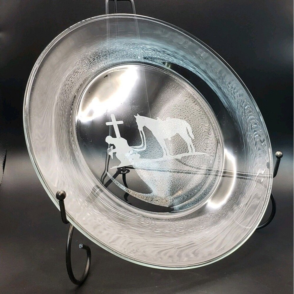 10 1/2" Etched Clear Glass Plate With Cowboy And Horse Kneeling At The Cross !!!